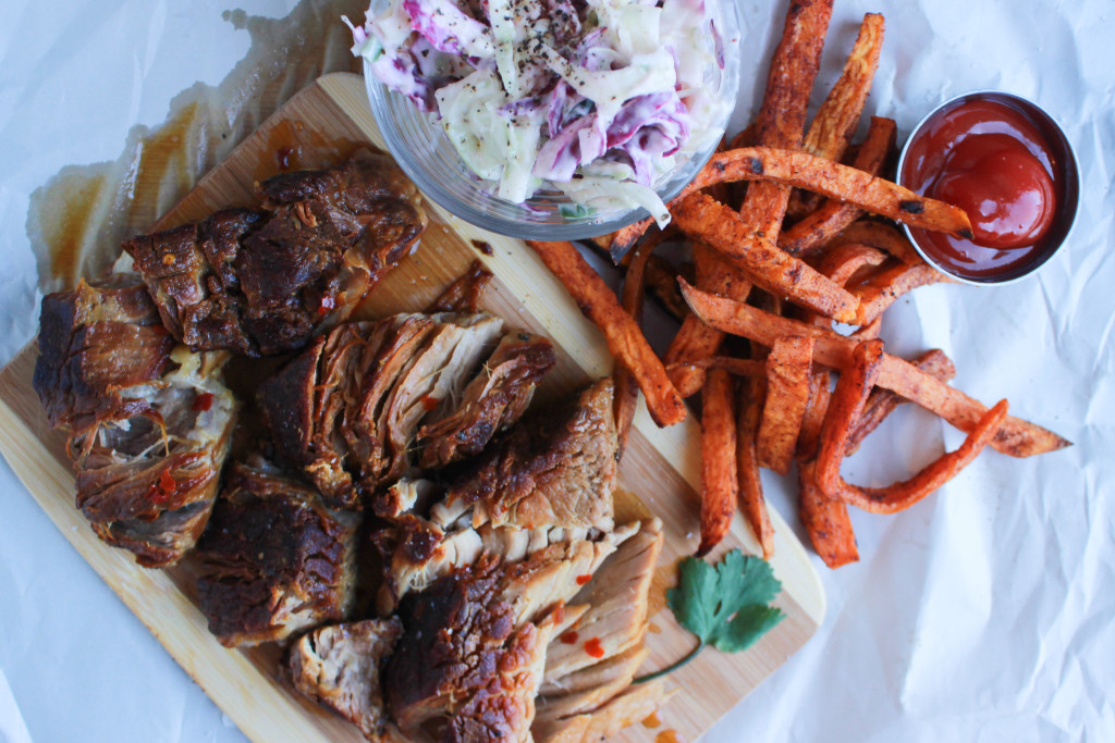 Served with a side of Apple Lime Cabbage Slaw and Easy Sweet Potato Fries.