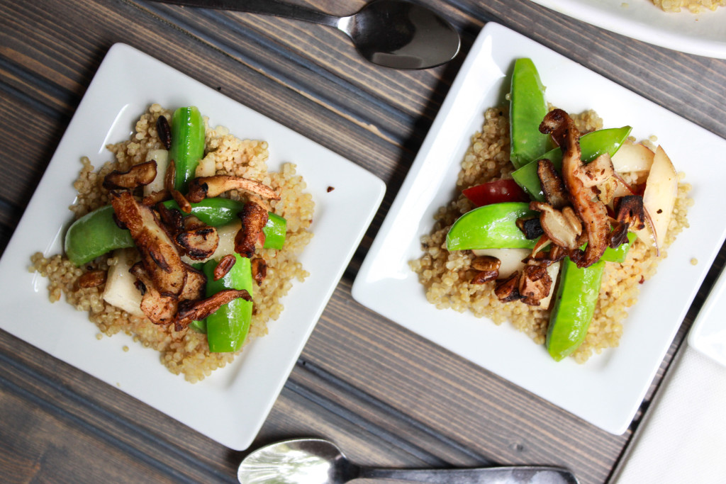 Pear and Sugar Snap Pea Salad over couscous with a cranberry ginger vinaigrette.