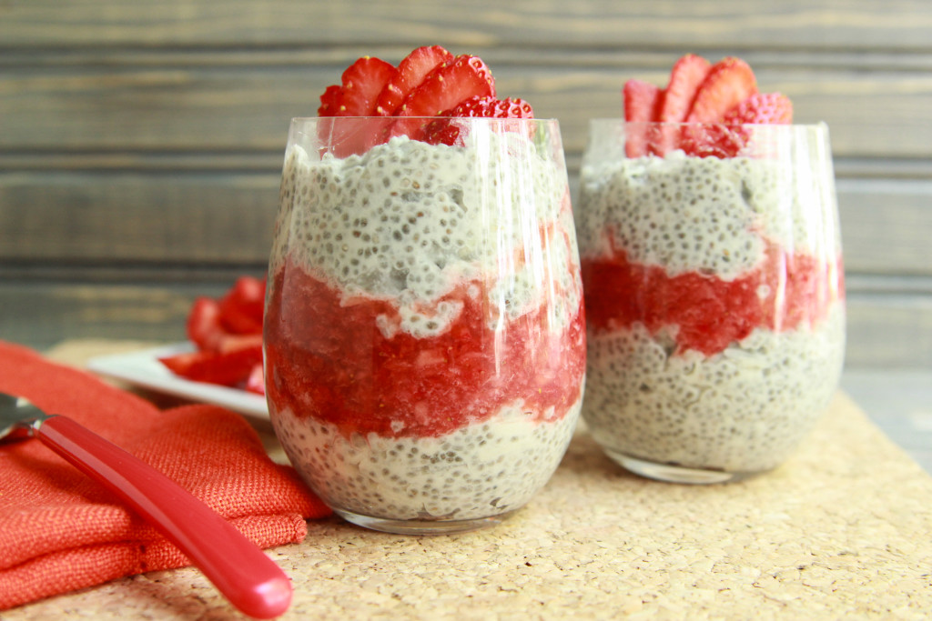 Incredibly easy strawberry and coconut cream chia pudding parfait. Vegan, gluten-free, and decadent!
