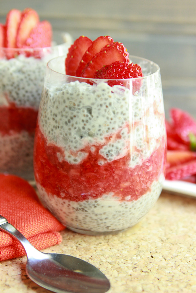 Incredibly easy strawberry and coconut cream chia pudding parfait. Vegan, gluten-free, and decadent!