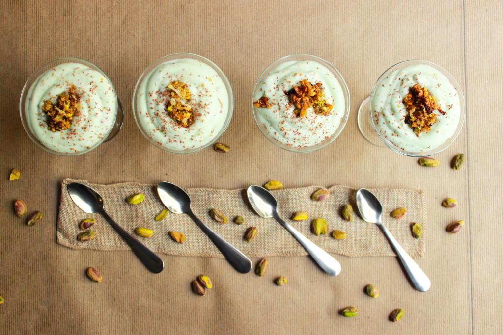 Fluffy and Light Pistachio Mousse with Honeyed Coconut Crunch