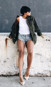 Blogger @Kyrzayda_ is probably one of my favorite gals to follow. I realize this military inspired jacket isn't a sleeveless trench- but I would love this look with one! #outfitgoals for sure! 