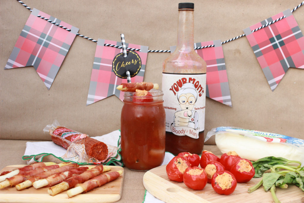 Your Mom's Bloody Mary Mix with proscuitto wrapped asparagus and mozzarella-pepperoni stuffed peppadews.