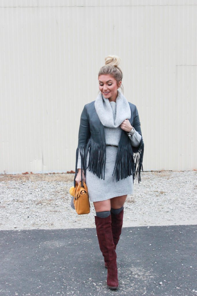 Gray sweater dress with tan suede OTK. boots.