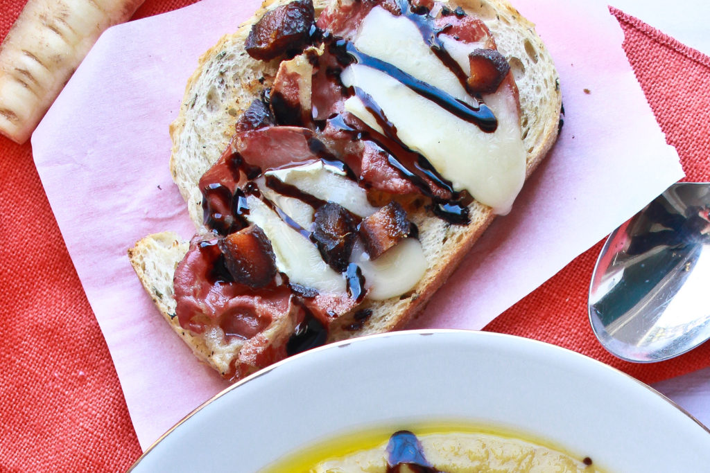 Rosemary and seasalt toast with Brie, Soprassata, apricots and balsamic reduction. 