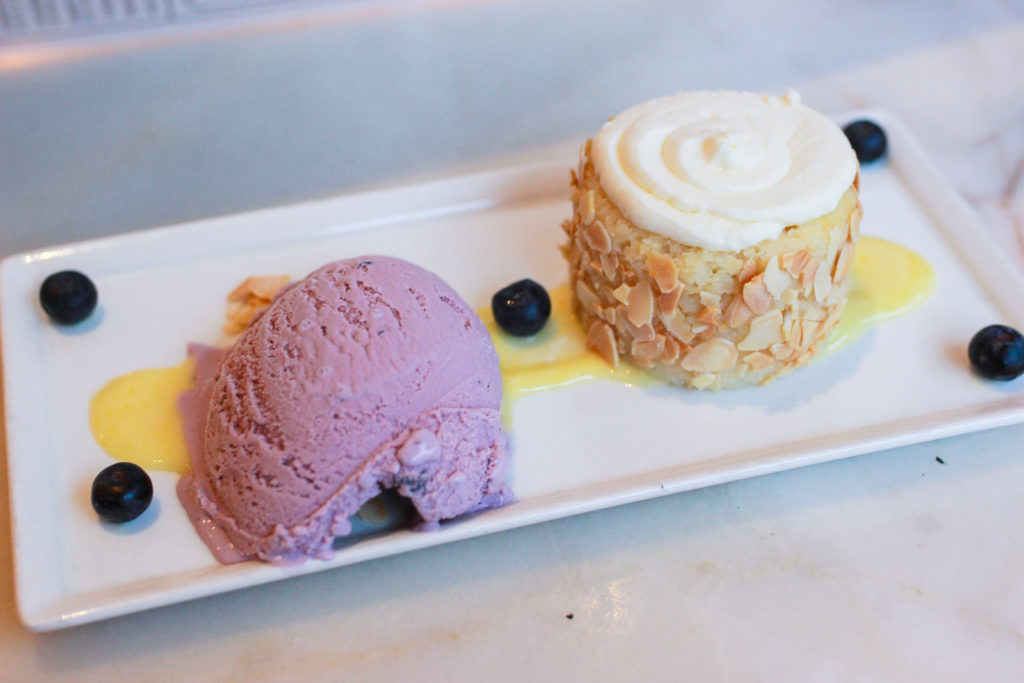 Palomino Indy: Lemon almond cake and blueberry gelato.