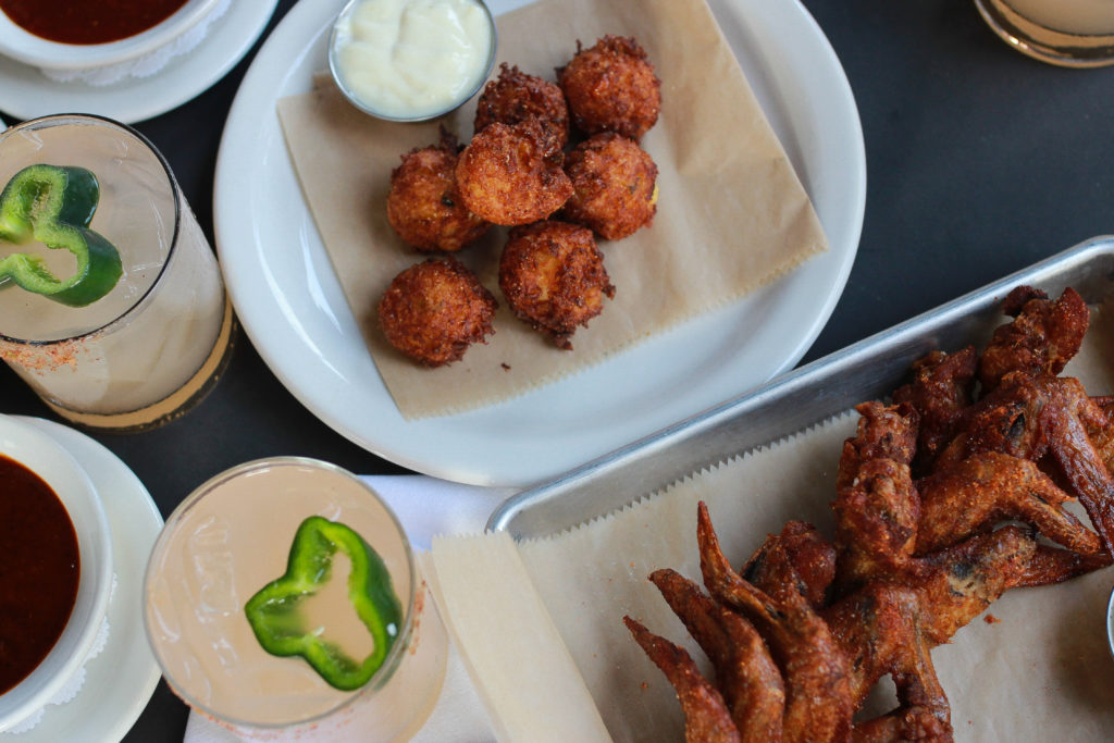 Conner's Kitchen and Bar Indianapolis: Peppered Paloma, Smoked wings and lump crap hushpuppies